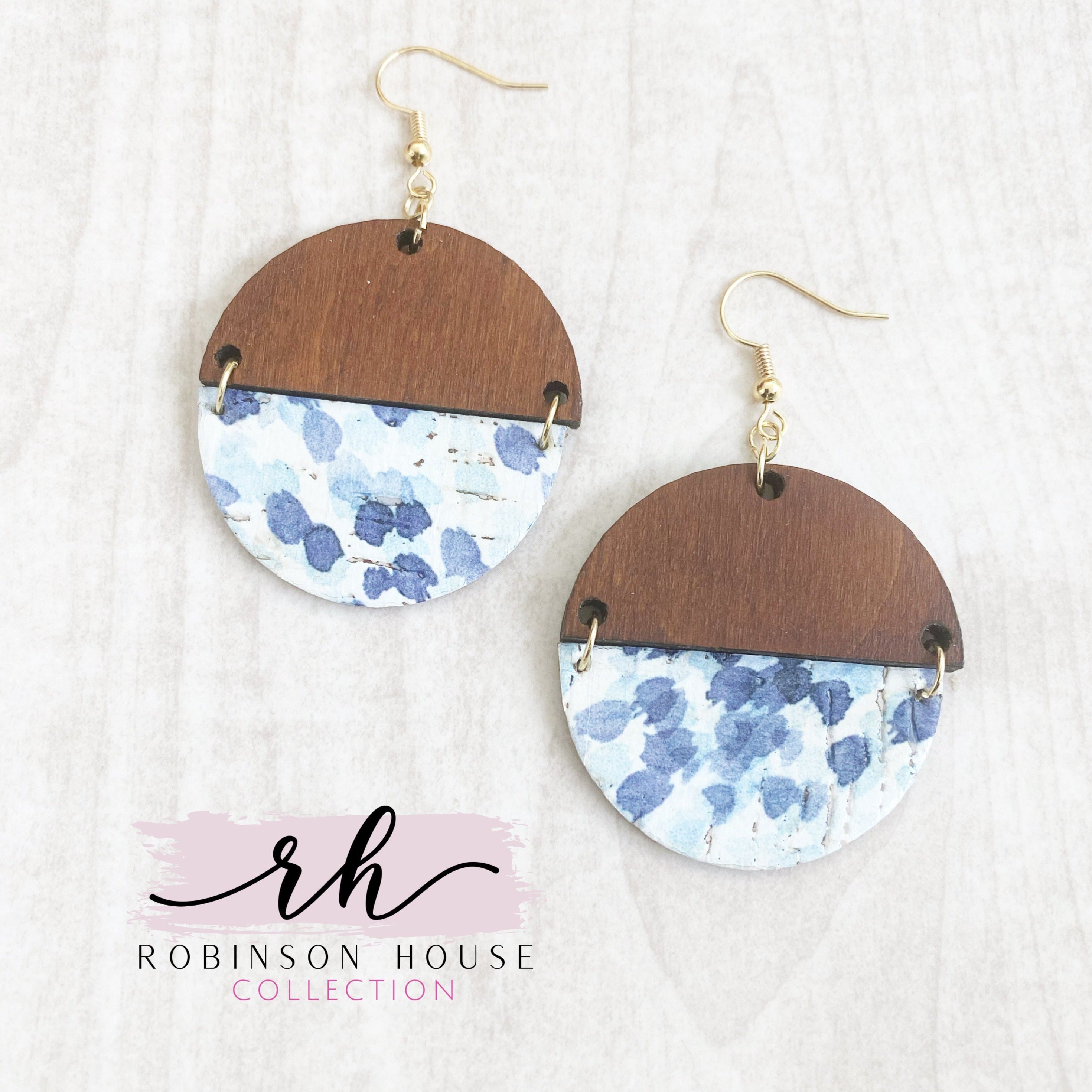 Leather Earrings - Navy Blue, Champagne & Blue Artsy Cork