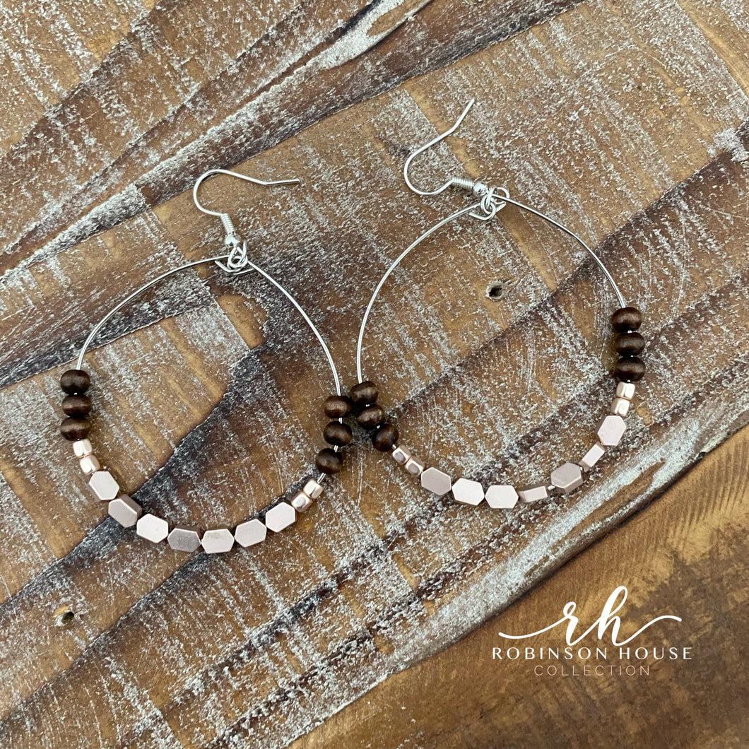 Beaded Hoop Earrings - Rose Gold & Wood