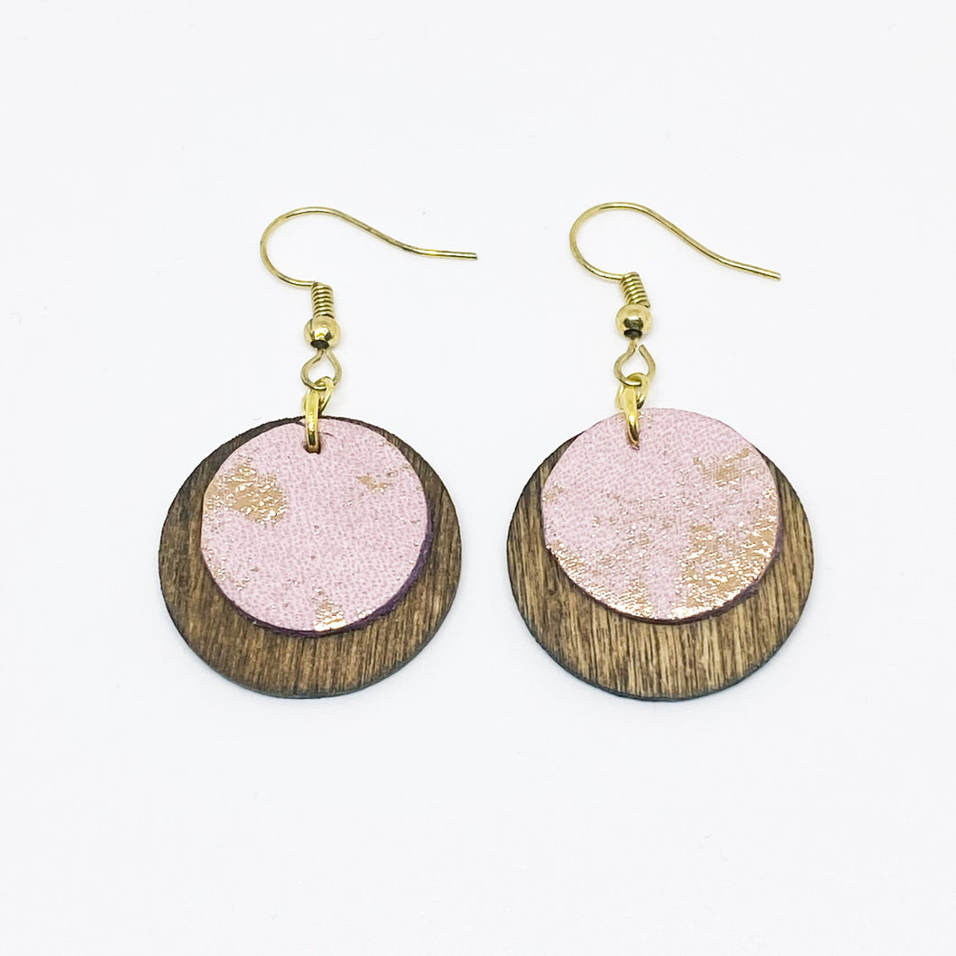 Mini Disc Wood Earrings - Rose Gold Leather