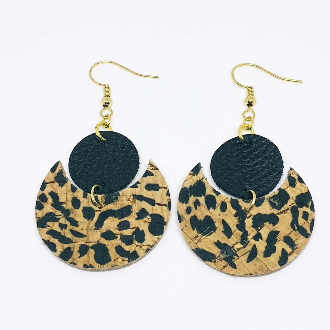 Leather Circle Earrings - Cheetah Cork