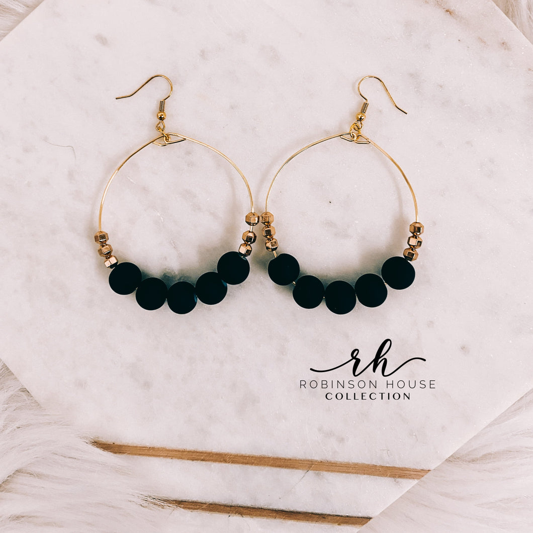 Beaded Hoop Earrings - Navy Blue & Rose Gold