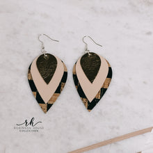 Load image into Gallery viewer, Leather Earrings - Tan, Gold &amp; Checkered Cork
