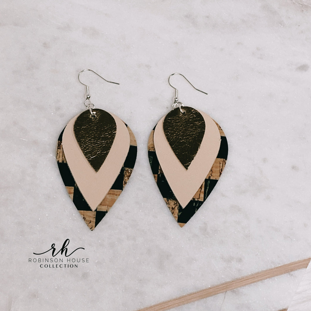 Leather Earrings - Tan, Gold & Checkered Cork