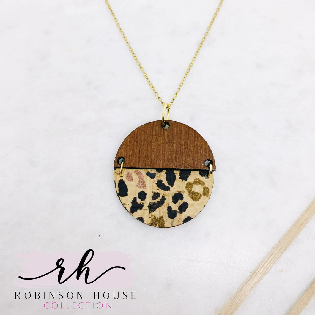 Hinged Disc Wood Necklace - Pink and Gold Leopard Cork