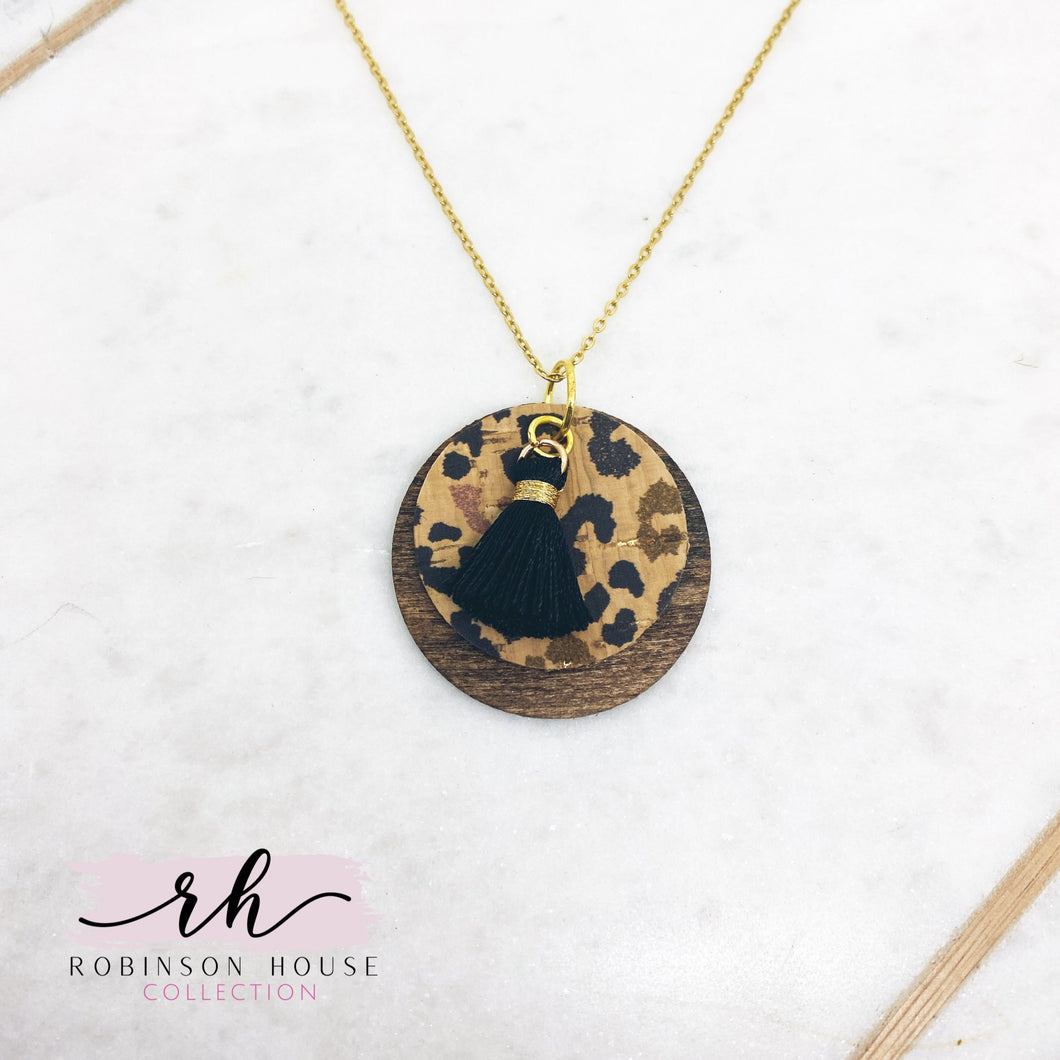 Disc Wood Necklace - Pink and Gold Leopard Cork