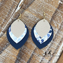 Load image into Gallery viewer, Leather Earrings - Navy Blue, Champagne &amp; Blue Artsy Cork
