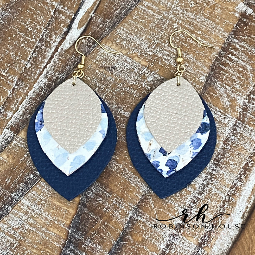 Leather Earrings - Navy Blue, Champagne & Blue Artsy Cork