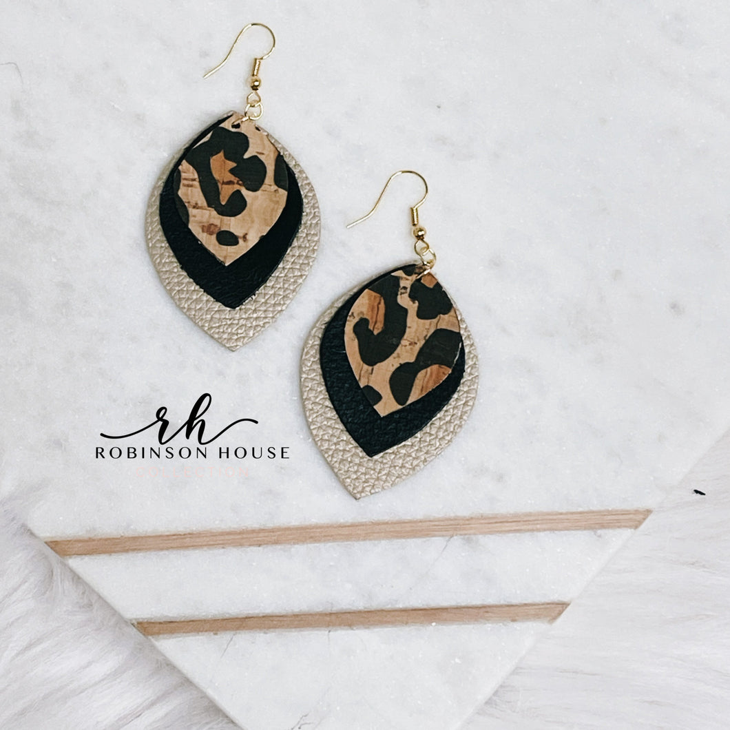 Leather Earrings - Champagne, Black & Leopard Cork