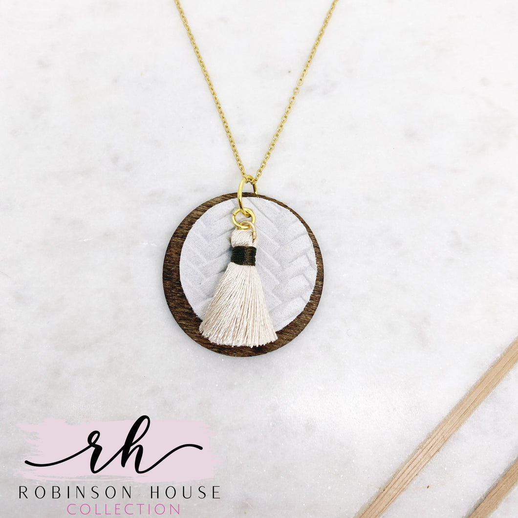 Disc Wood Necklace - White Woven Leather
