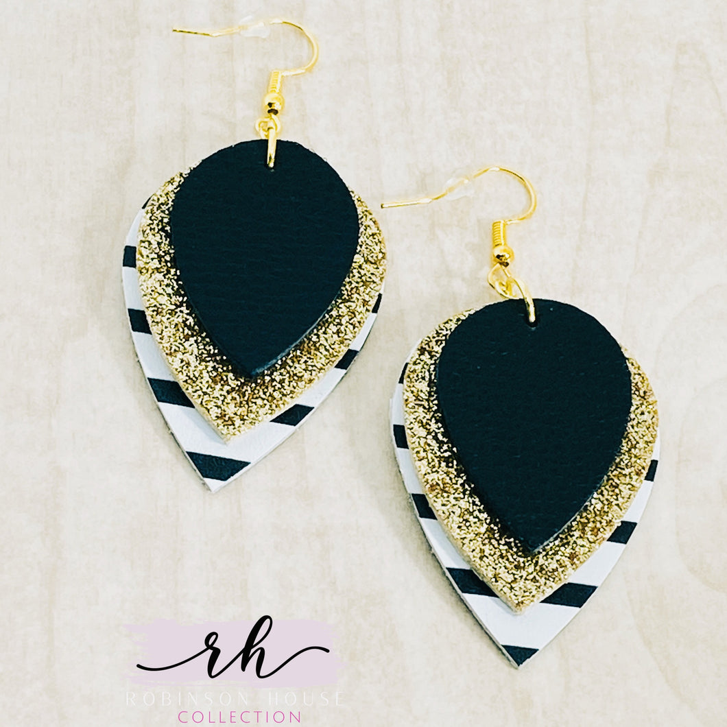 Leather Earrings - Black and White Striped with Gold Glitter