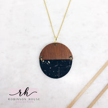 Load image into Gallery viewer, Hinged Disc Wood Necklace - Black and Gold Cork
