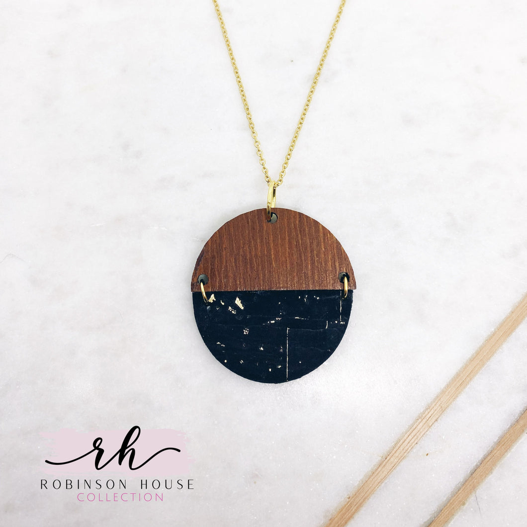 Hinged Disc Wood Necklace - Black and Gold Cork