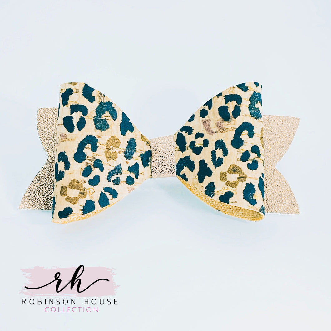 Girls Rose Gold Leopard Cork Bow