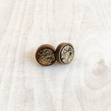 Load image into Gallery viewer, Stud Wood Earrings - Black and Gold Leather
