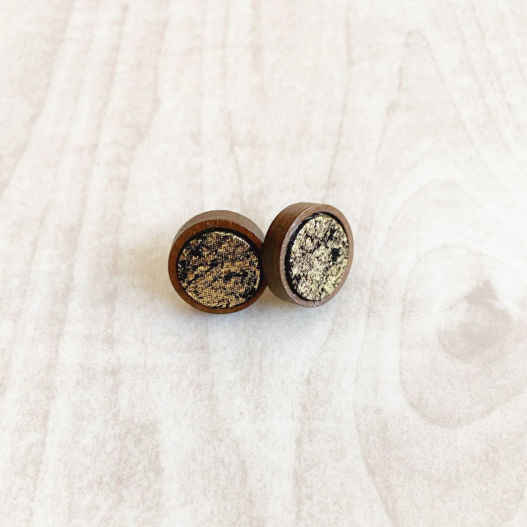 Stud Wood Earrings - Black and Gold Leather