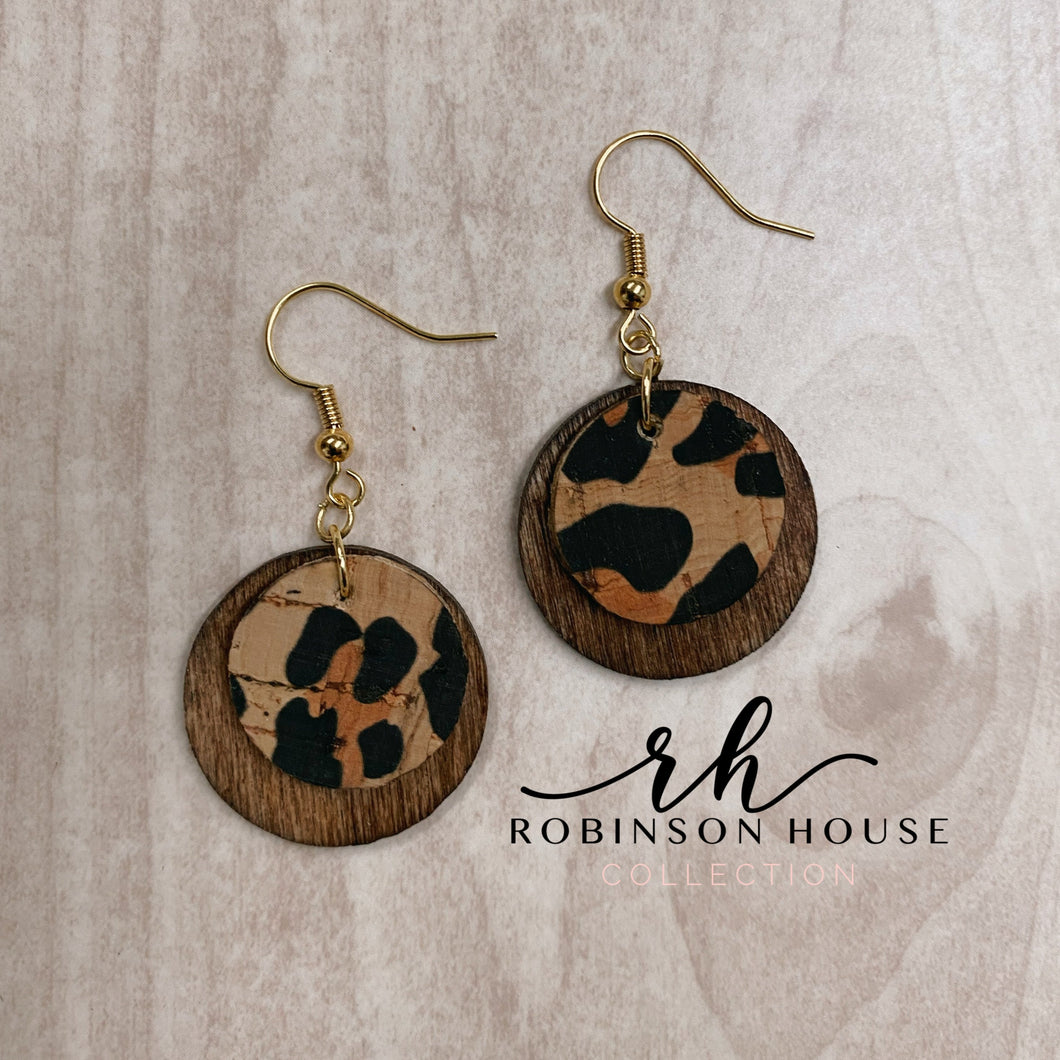 Mini Disc Wood Earrings - Leopard Cork
