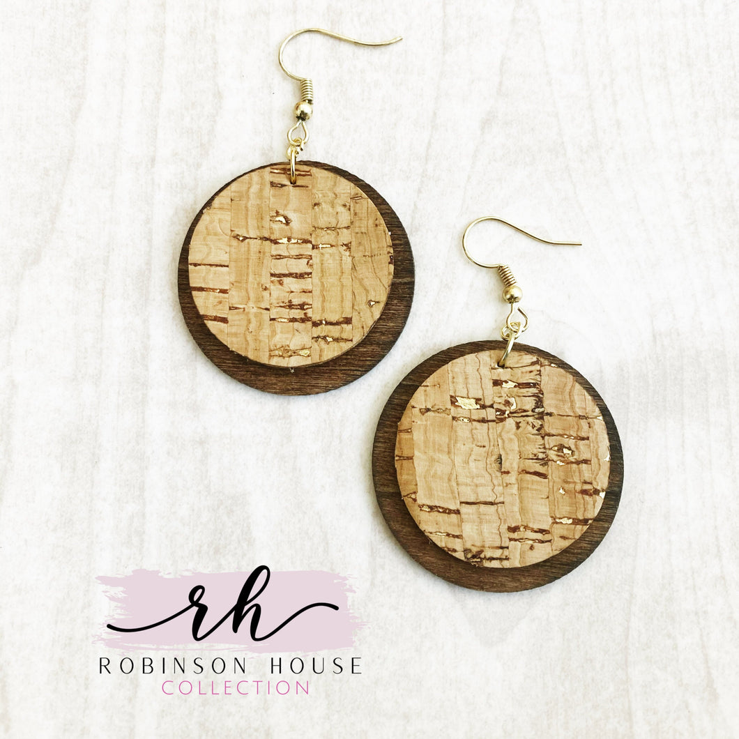 Disc Wood Earrings - Tan and Gold Cork