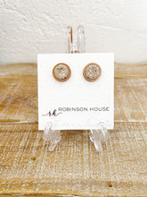 Load image into Gallery viewer, Stud Wood Earrings - Taupe and Gold Leather
