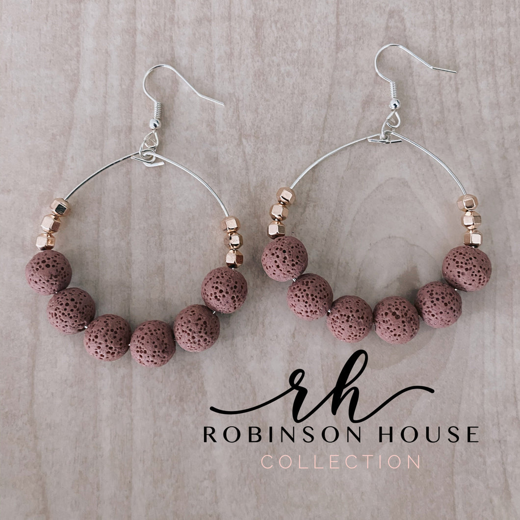 Beaded Hoop Earrings - Mauve Soft Pink Lava Bead & Rose Gold