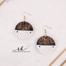 Load image into Gallery viewer, Hinged Disc Wood Earring - White Chevron Genuine Leather
