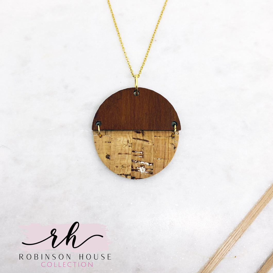 Hinged Disc Wood Necklace - Natural and Rose Gold Cork