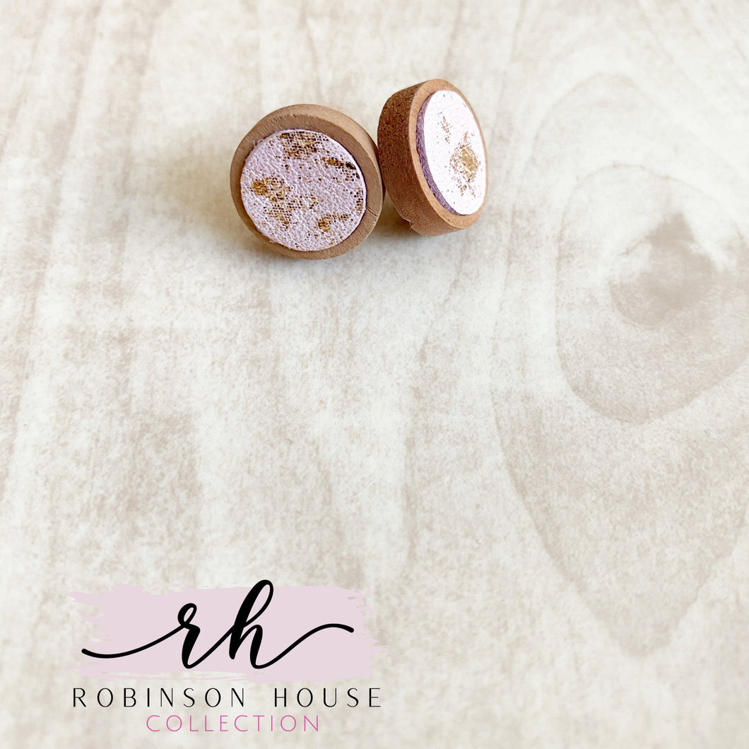 Stud Wood Earrings - Rose Gold Leather