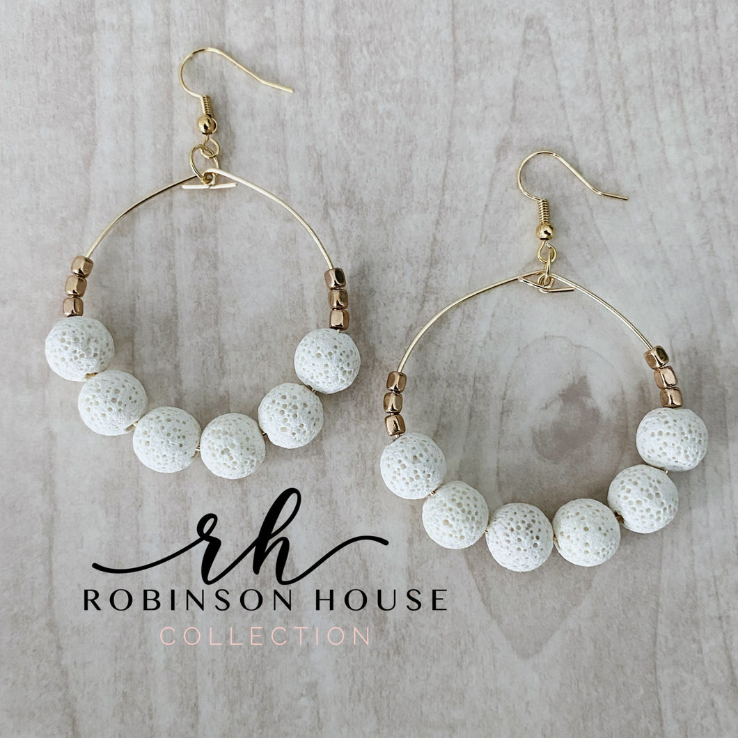 Beaded Hoop Earrings - White Cream Lava Beads & Rose Gold