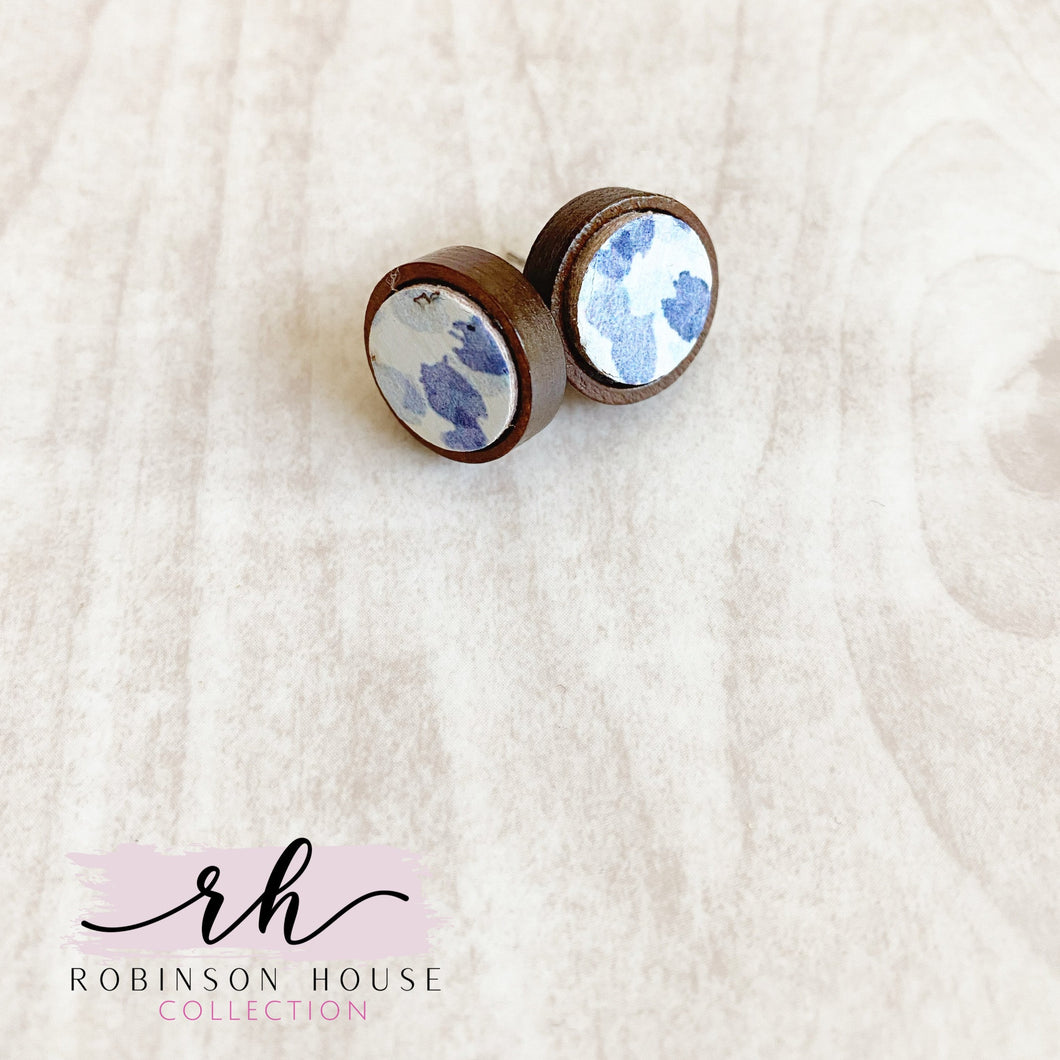 Stud Wood Earrings - Blue Artsy Cork