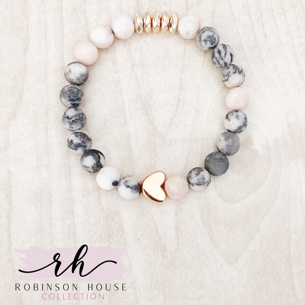 Stretch Bracelet - Zebra Matte Pink Jasper and Rose Gold