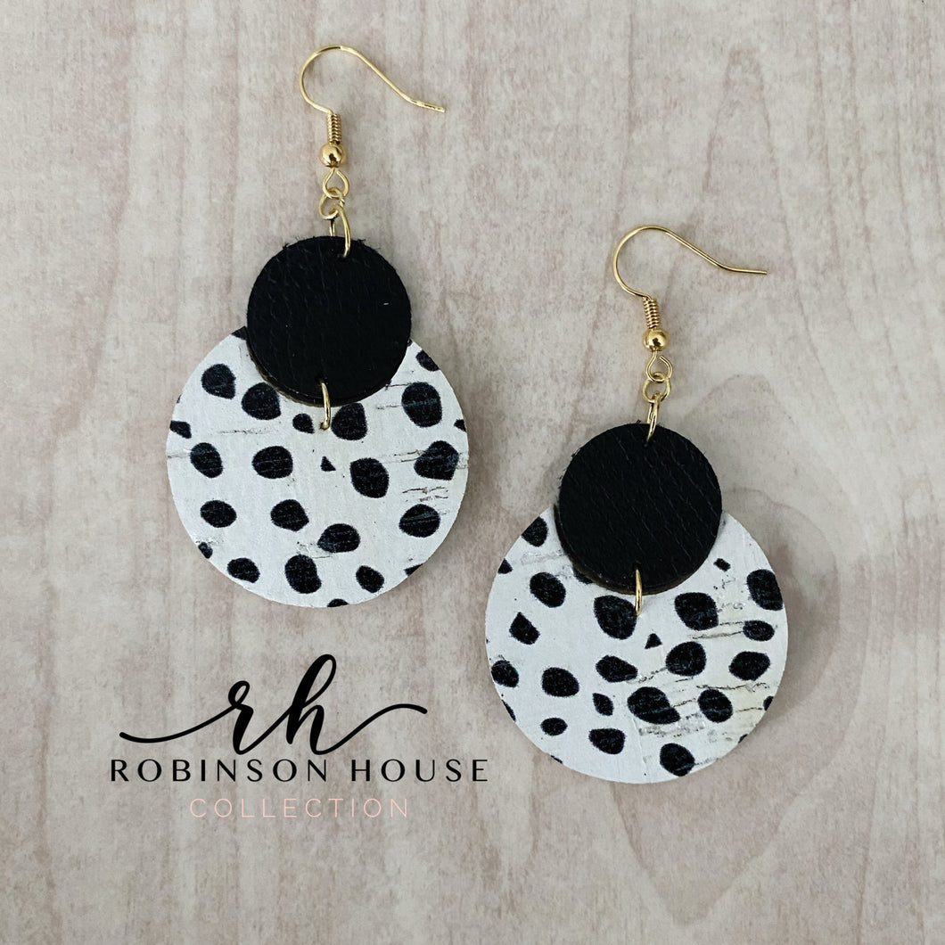 Leather Circle Earrings - Black & White Dalmatian Cork