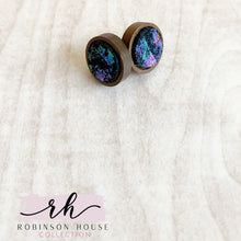 Load image into Gallery viewer, Stud Wood Earrings - Galaxy Black Leather
