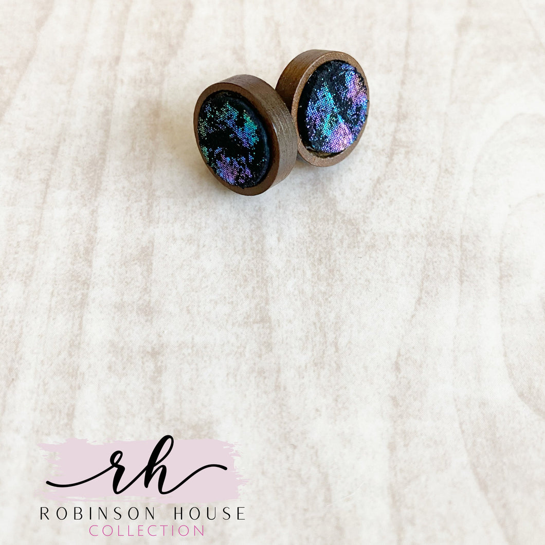 Stud Wood Earrings - Galaxy Black Leather