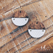 Load image into Gallery viewer, Hinged Disc Wood Earring - White Chevron Genuine Leather
