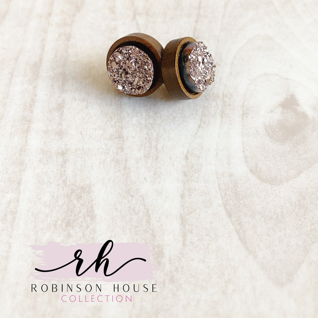 Stud Wood Earrings - Champagne Druzy