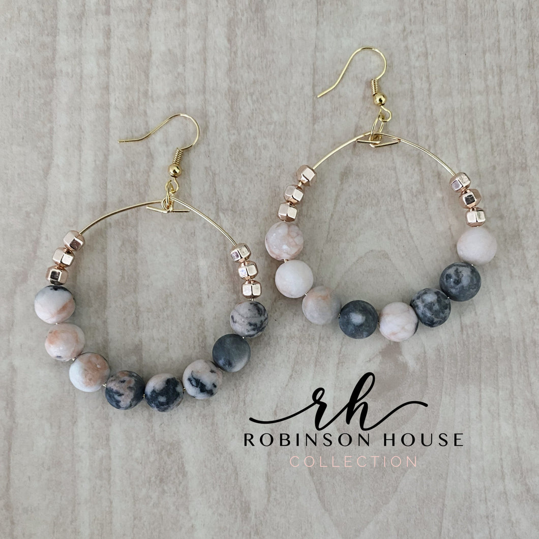 Beaded Hoop Earrings - Matte Pink Zebra Jasper & Rose Gold