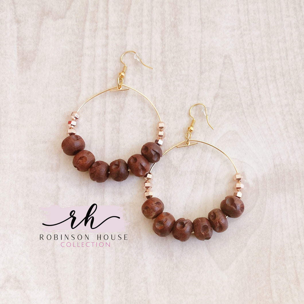 Beaded Hoop Earrings - Wood & Rose Gold